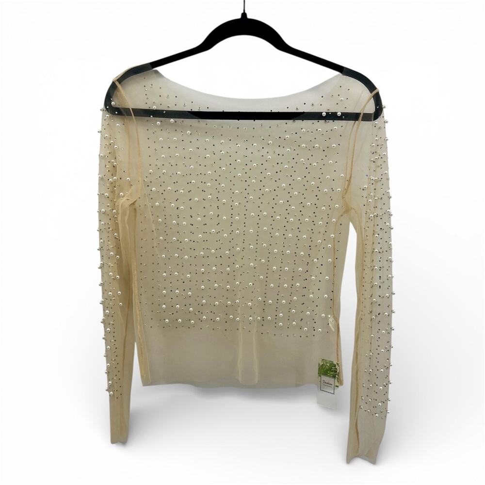 NWT Sheer Top with Pearl and Rhinestone Design size Large Ivory/Beige